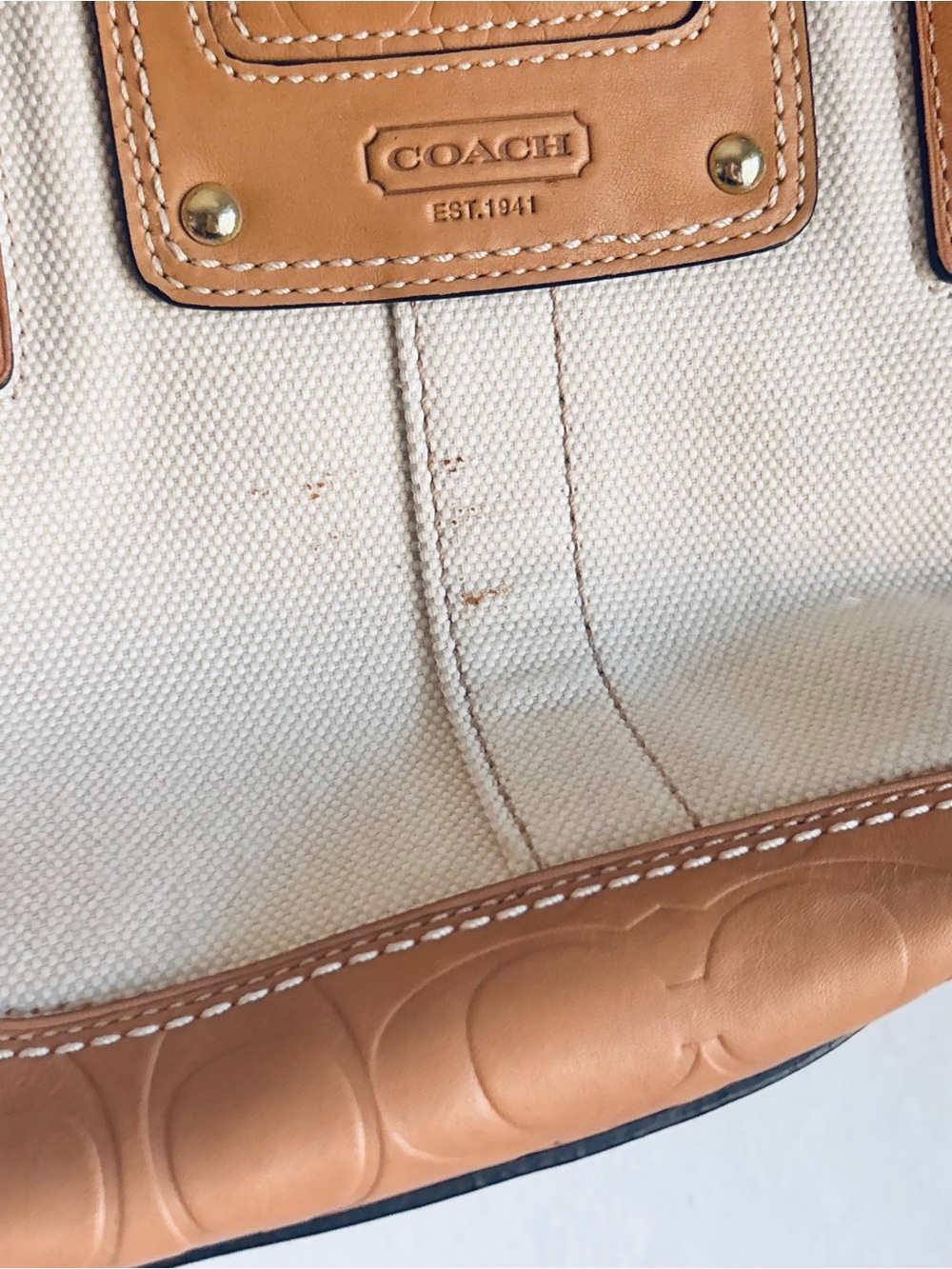 Coach Hamptons Miranda Carryall Shoulder Bag Ivory Tan Canvas Leather #F11958 - Picture 4 of 5
